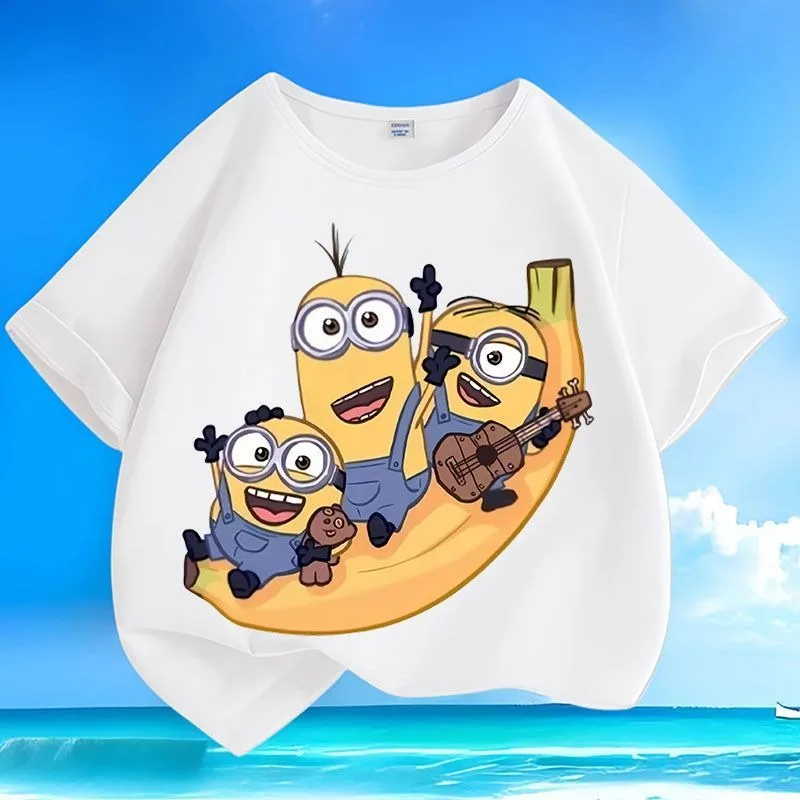 

Летняя детская футболка из 100% хлопка с милым принтом в виде мультяшных миньонов и бананового лодки, подходит для мальчиков и девочек.