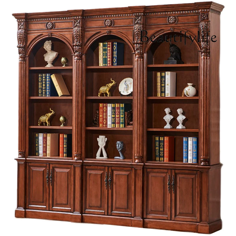 American solid wood bookcase full wall floor display cabinet with door combination household locker