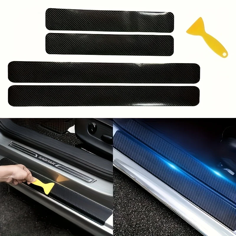 4 Pcs/Set Car Door Sill Protectors, Anti Scratch Carbon Fiber Auto Threshold Cover Strips Car Accessories
