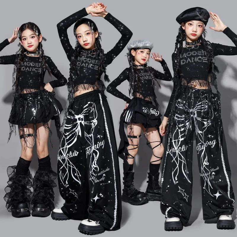 

Детский костюм для хип-хопа: черный топ с кружевом и бантом, брюки, юбка-бутон, одежда для уличных танцев, джаза, комплекты для девочек