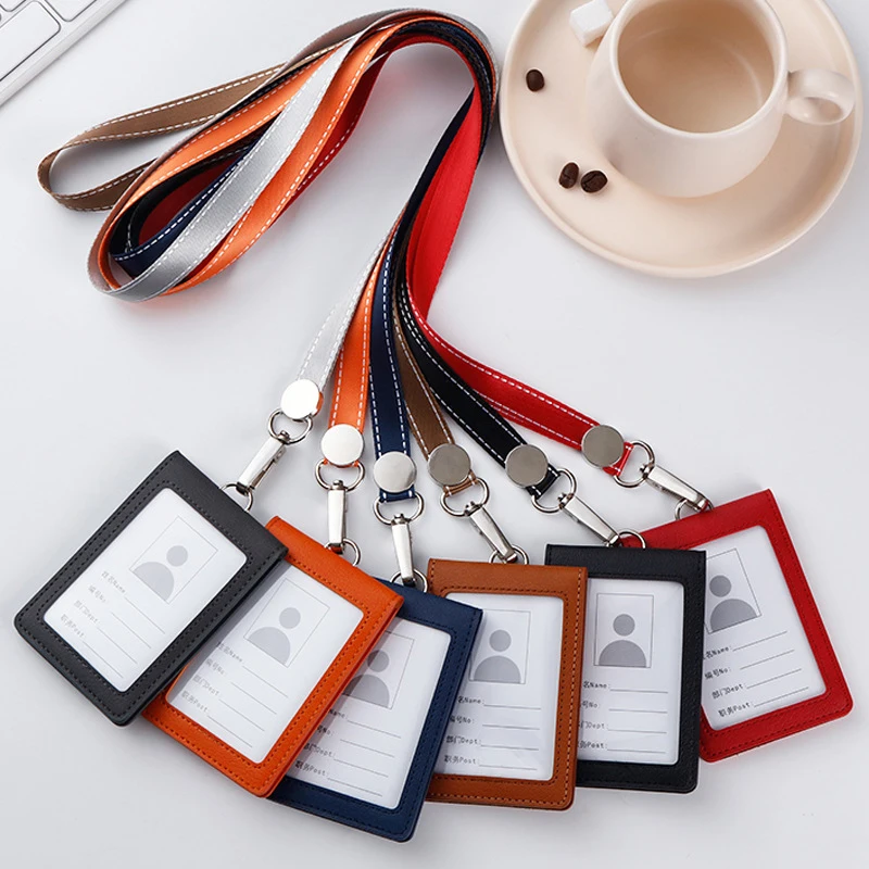 PU Leather Work Card Case Name Badges Retractable Lanyards ID Holder Cover Protector Case Business Card Holder Neck Strap