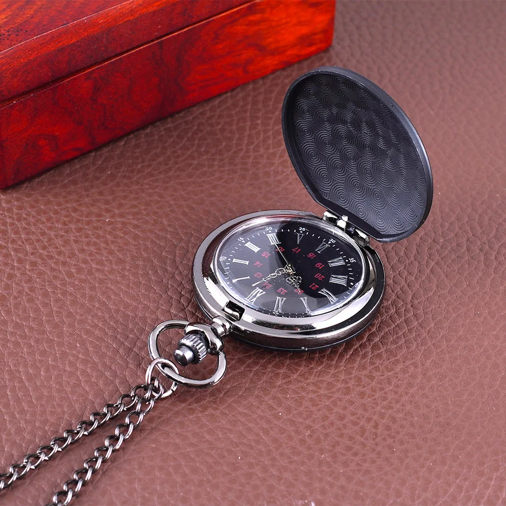 Vintage Luxury Smooth & Matte Black Case Quartz Pocket Watch for Men Roman Numeral Fob Chain Necklace Pendant Clock for Gifts