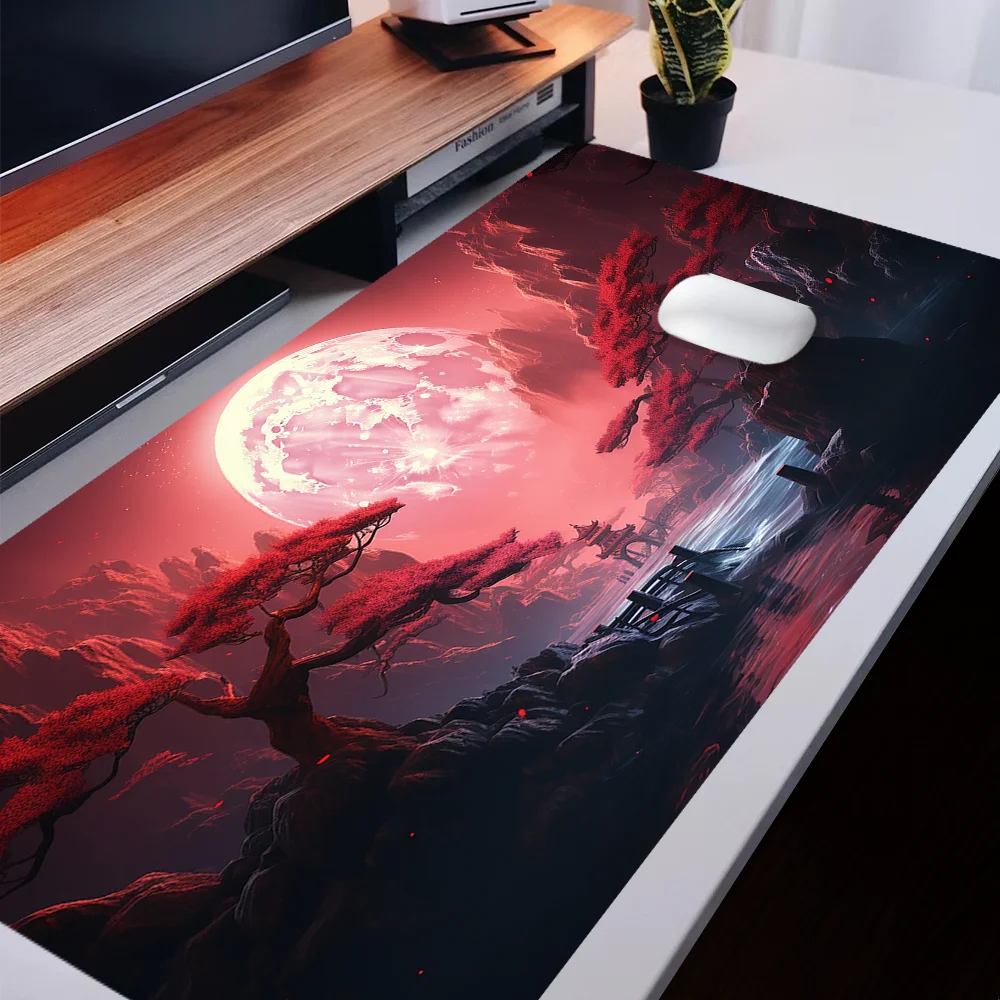 Large Mouse Pad Red Moon Pattern Desk Pad Aesthetic Design Mousepad With Non-Slip Rubber Base Stitched Edge Deskpad for Work