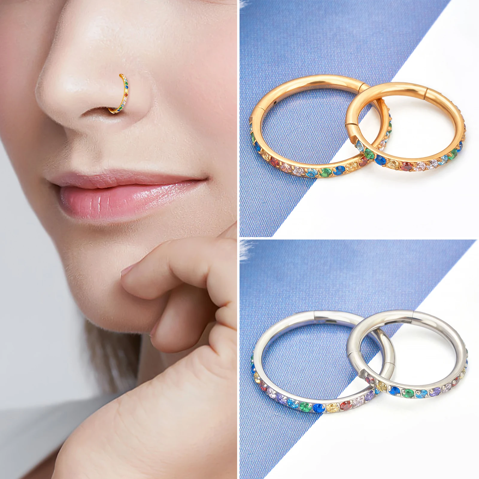 1pcs G23 Titanium Hinged Nose Rings Hoop Rainbow CZ Women Septum Piercing Clicker 16G Ear Tragus Cartilage Helix Earrings