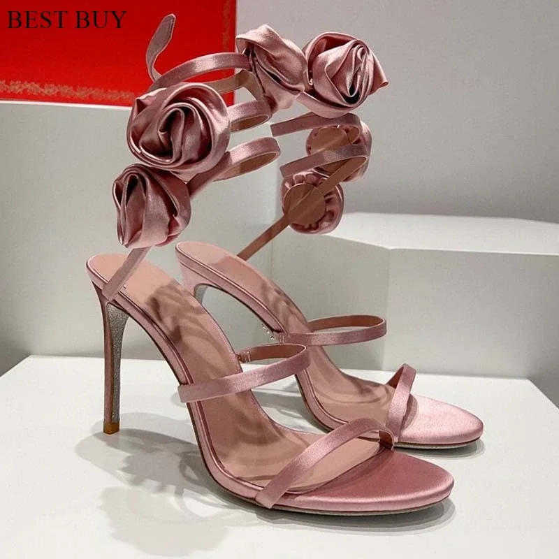 Rosa flores de salto alto sandálias de cetim para mulheres designer dedo do pé aberto tornozelo cruz envoltório stiletto festa casamento sapatos verão novo