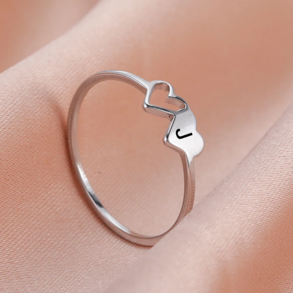 COOLTIME Initial Letter Ring for Women Stainless Steel A-Z Alphabet Double Heart Finger Ring Fashion Wedding Jewelry Couple Gift