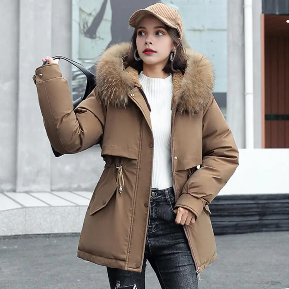 

Women Cotton Jacket Stylish Winter Windbreaker With Furry Hood Drawstring Waist For Women Mid Length Solid Color Coat