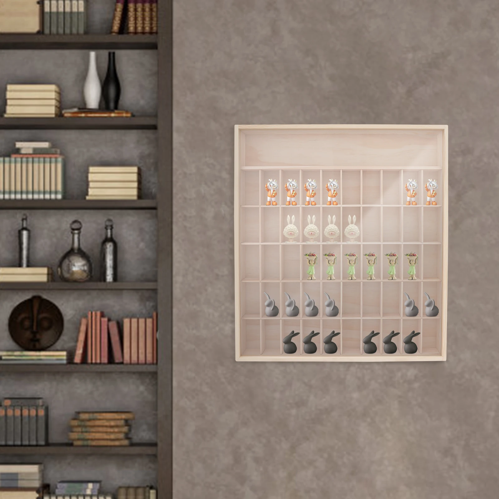 

50-Compartment Wooden Display Cabinet for Mini Figures and Action Figures, Wall-Mounted Office Display Cabinet, 6 Layers