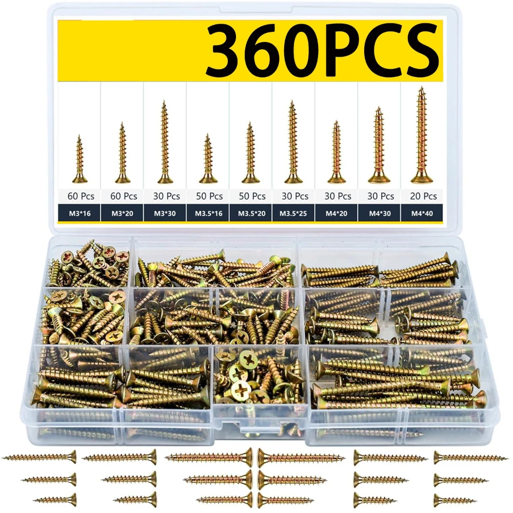 360pcs Galvanized Cross Countersunk Head Self-tapping Wood Screw Carbon Steel Self-tapping Screws for Solid Wood Home Decoration