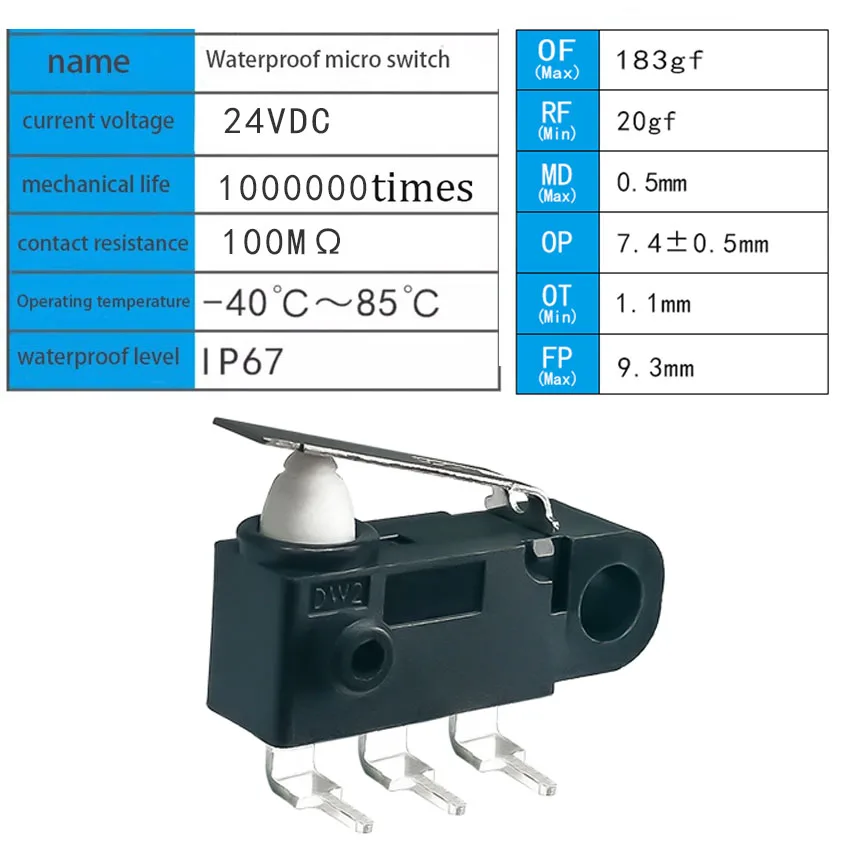 1Pcs Waterproof micro switch DW2 IP67 waterproof high travel limit detection switch, charging gun long button