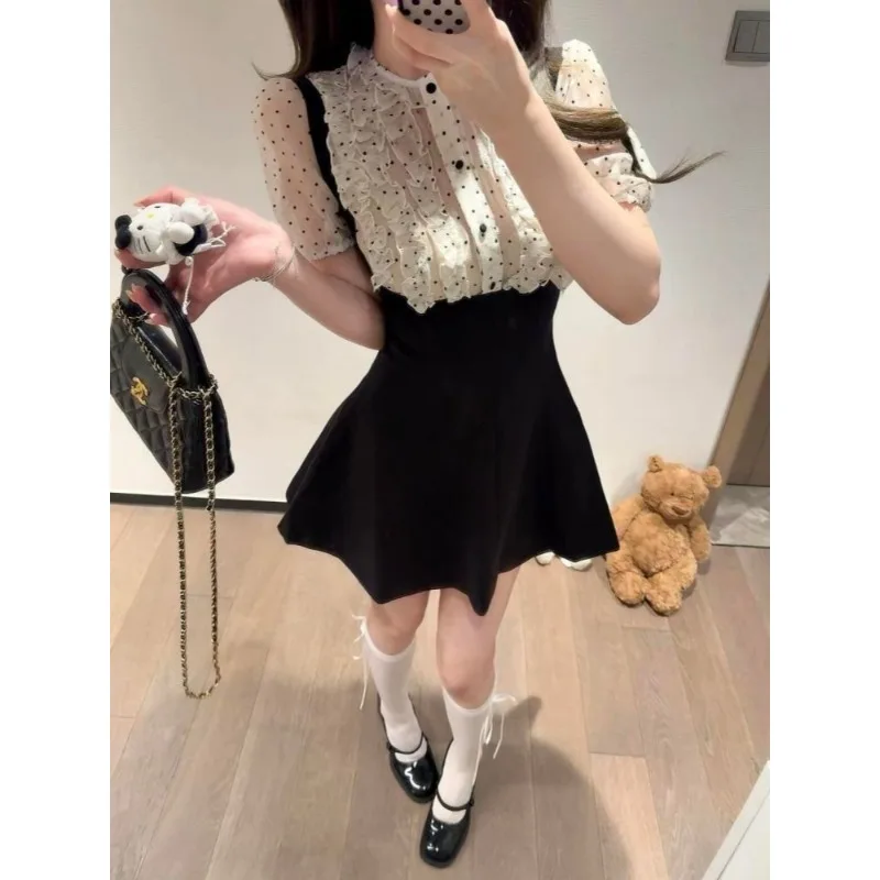 French Style Elegant Polka Dot Puff Sleeve 2 Piece Sets Women Summer Ruffle Tops Black Suspender Skirt Suits Chic Daily Party