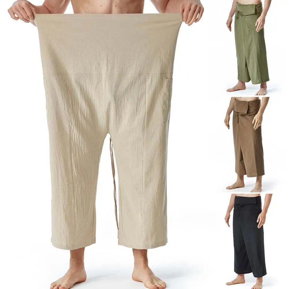 Martial Arts Pants Wide Legs Straight Loose Fitted Men Thai Fisherman Trousers Flax Thai Fisherman Pants Fitness Wear