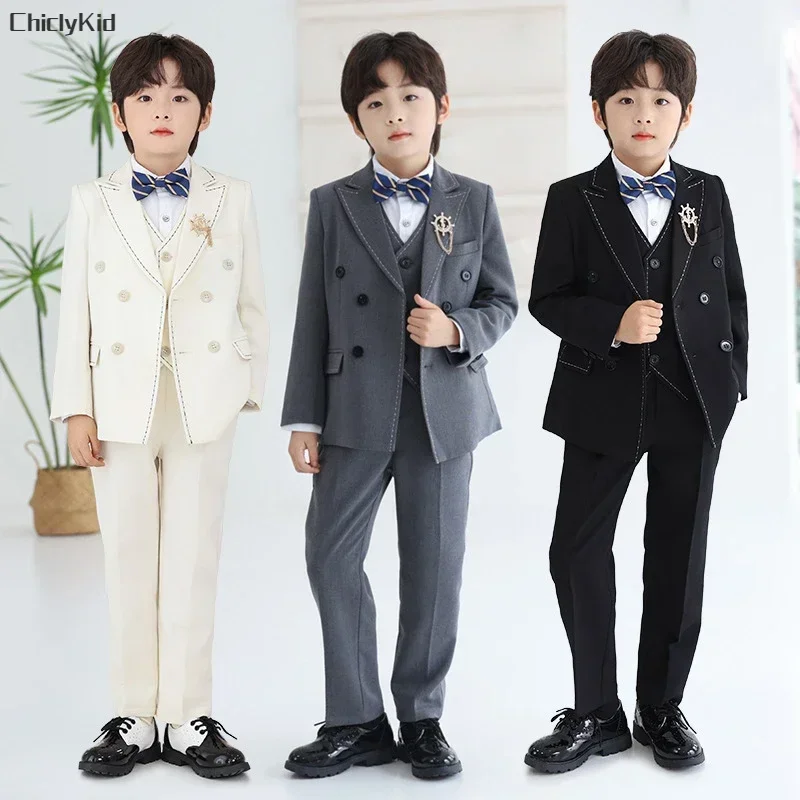 Boys Blazer Jacket Vest Pants Suits Kids Tuxedos Formal Dress Performance Clothes Set Child Gentlemen British Toddler Party Suit