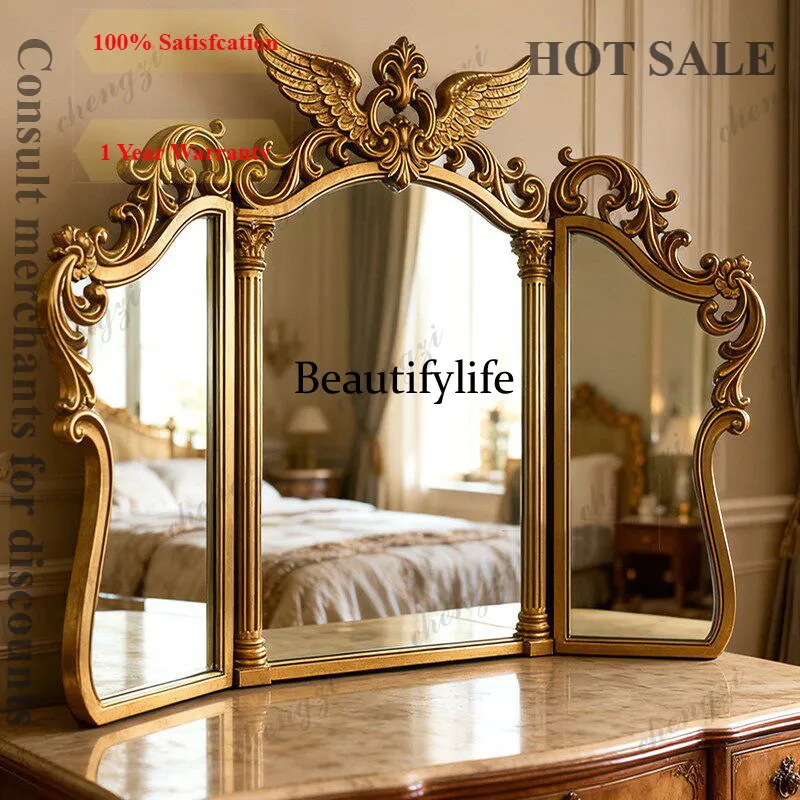 E182 European retro tri-fold makeup mirror court carving old gold decoration high-end wall-mounted bathroom mirror