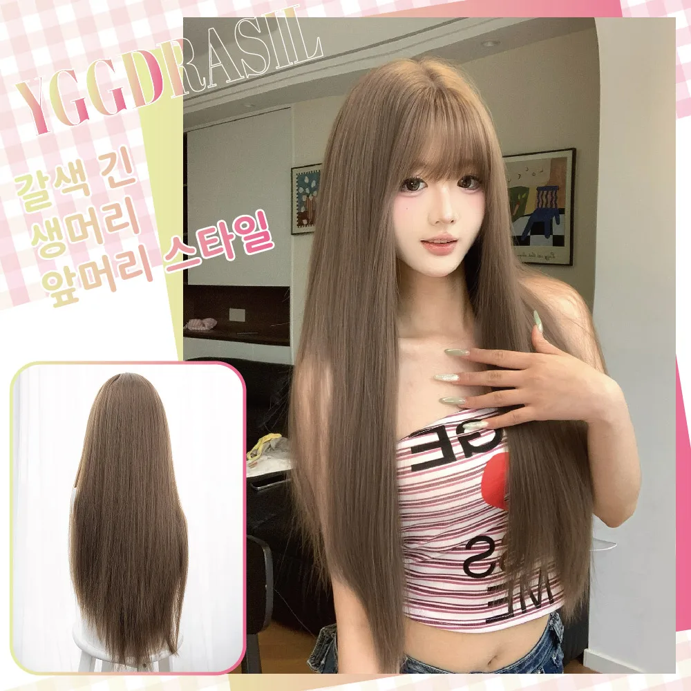 

28Inch Honey Tea Linen Kawaii Style Fashion Synthetic Wigs with Bangs Long Straight Hair Wig For Women Daily Use Heat Resistant