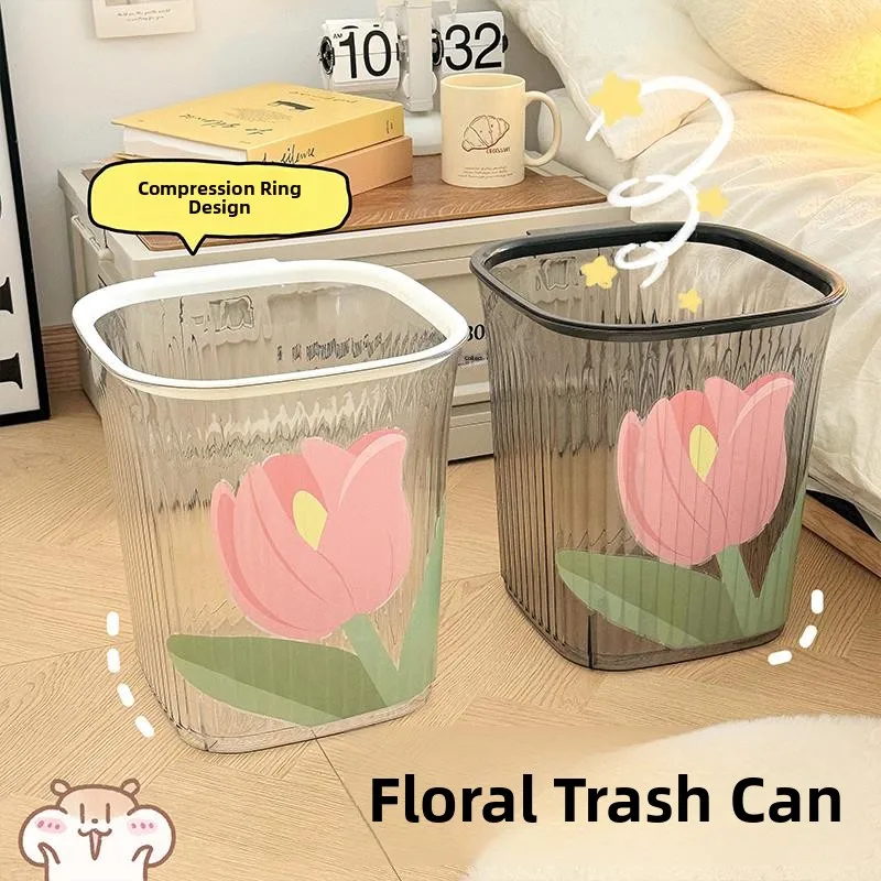 

Transparent Flower Home Garbage Can Batoom Living Room Tea Table Bede Kitchen Toilet Storage Buet Plastic Square Bin
