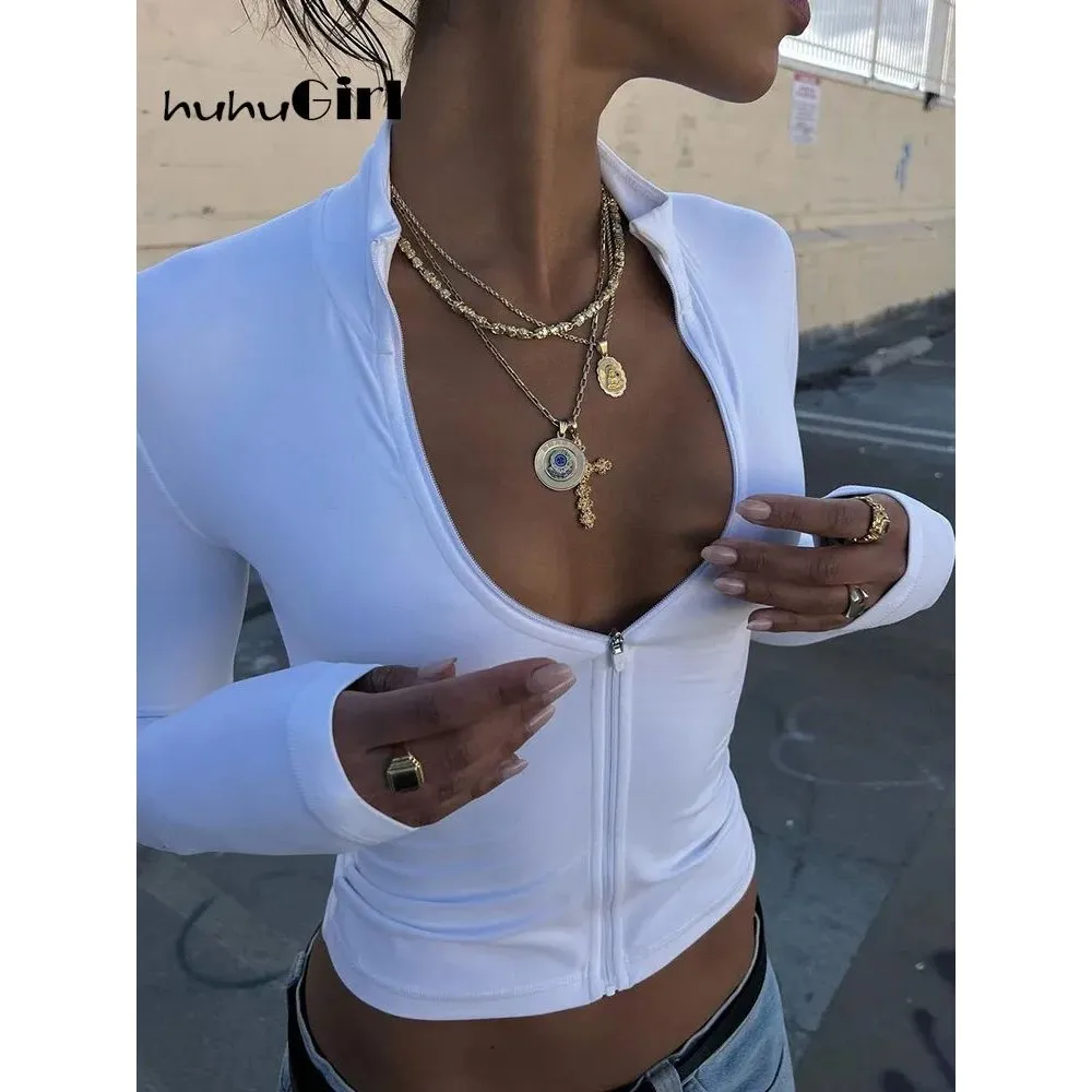 

Huhugirl Summer Sexy Club Zipper T-irts Women's Faion Op T-irt Other Material 00% Club Tees Zipper T-irts