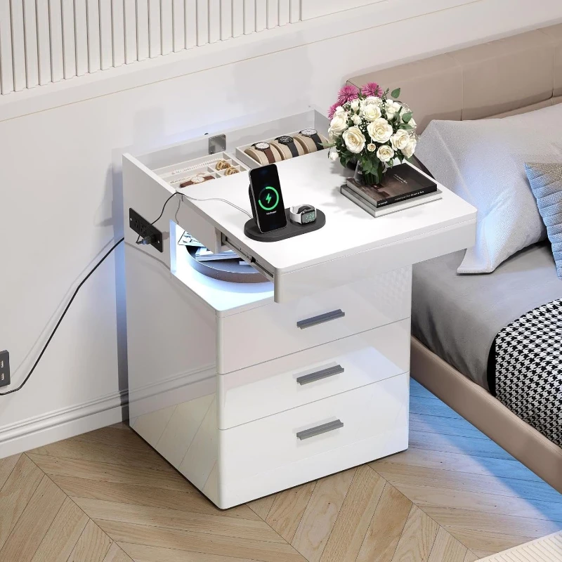 

Nightstand with Hidden Space Modern Charging Station 3 Drawer Smart Nightstand with Glossy Finish Tall RGB Lights Bedroom White