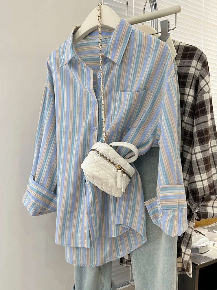 2024 New Vintage Striped Shirts Women Korean Fashion Simple Long Sleeve Turn Down Collar Blouse Office Casual Loose Thin Tops