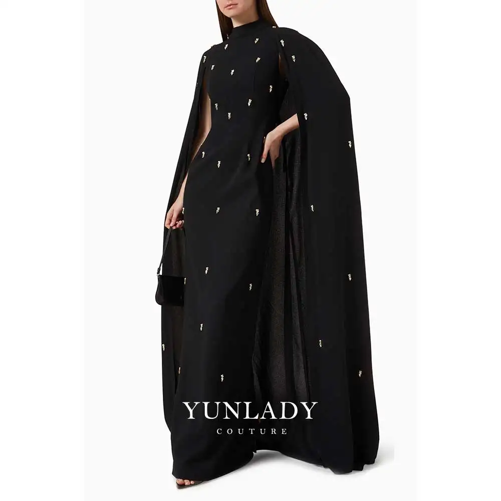 YUNLAN Luxury Dubai Black Rhinestone Beaded Shawl Evening Dress 2024 Saudi Arabian Ladies Special Occasion Formal Party Dress