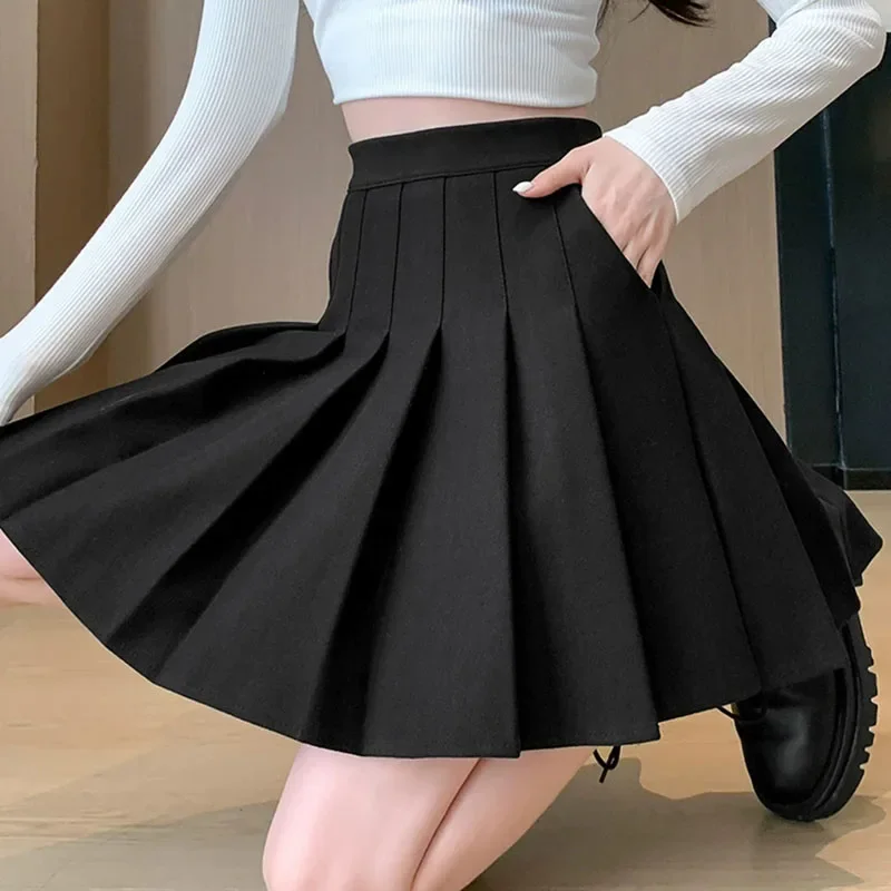 Women Pockets Woolen A-line Skirts Preppy Style High Waist Cute JK Pleated Skirts Autumn Winter Inner Shorts Thicken Mini Skirt
