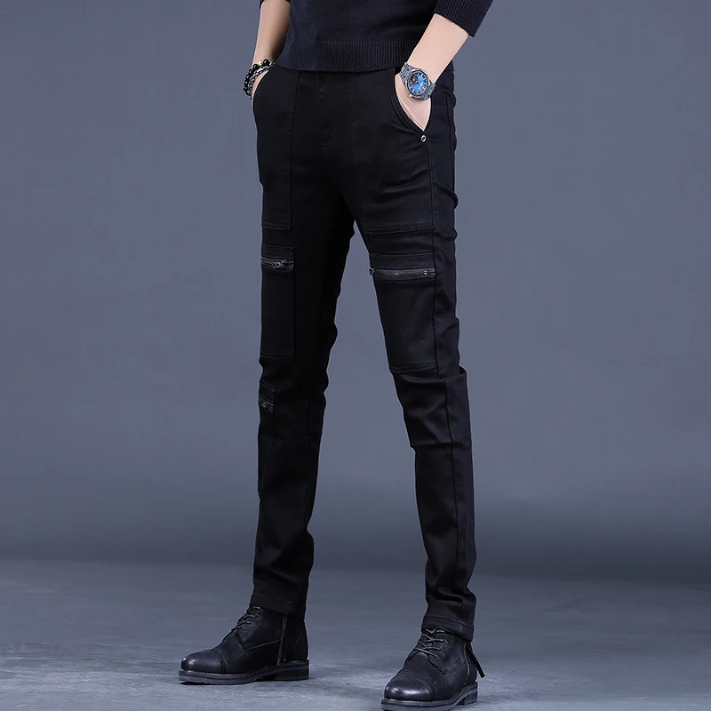 Autumn Zipper Black Jeans Men Multiple Pockets Slim Fit Straight Pants Streetwear Casual Stretch Denim Trousers