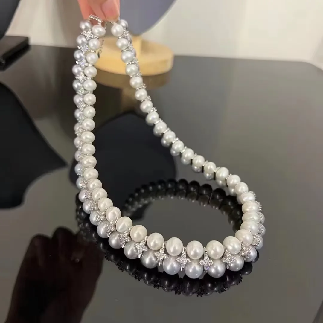 16“ Natural 8-9mm White/Gray Pearl  Necklace Fashion short clavicle Necklace