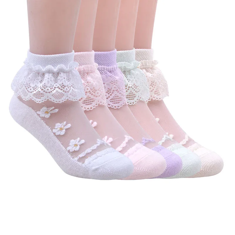 

5 Pairs/Lot Summer Girls Socks Lovely Dot Crystal Silk Kids Socking Children Baby Girl Mesh Breathable Elastic Lace Sock