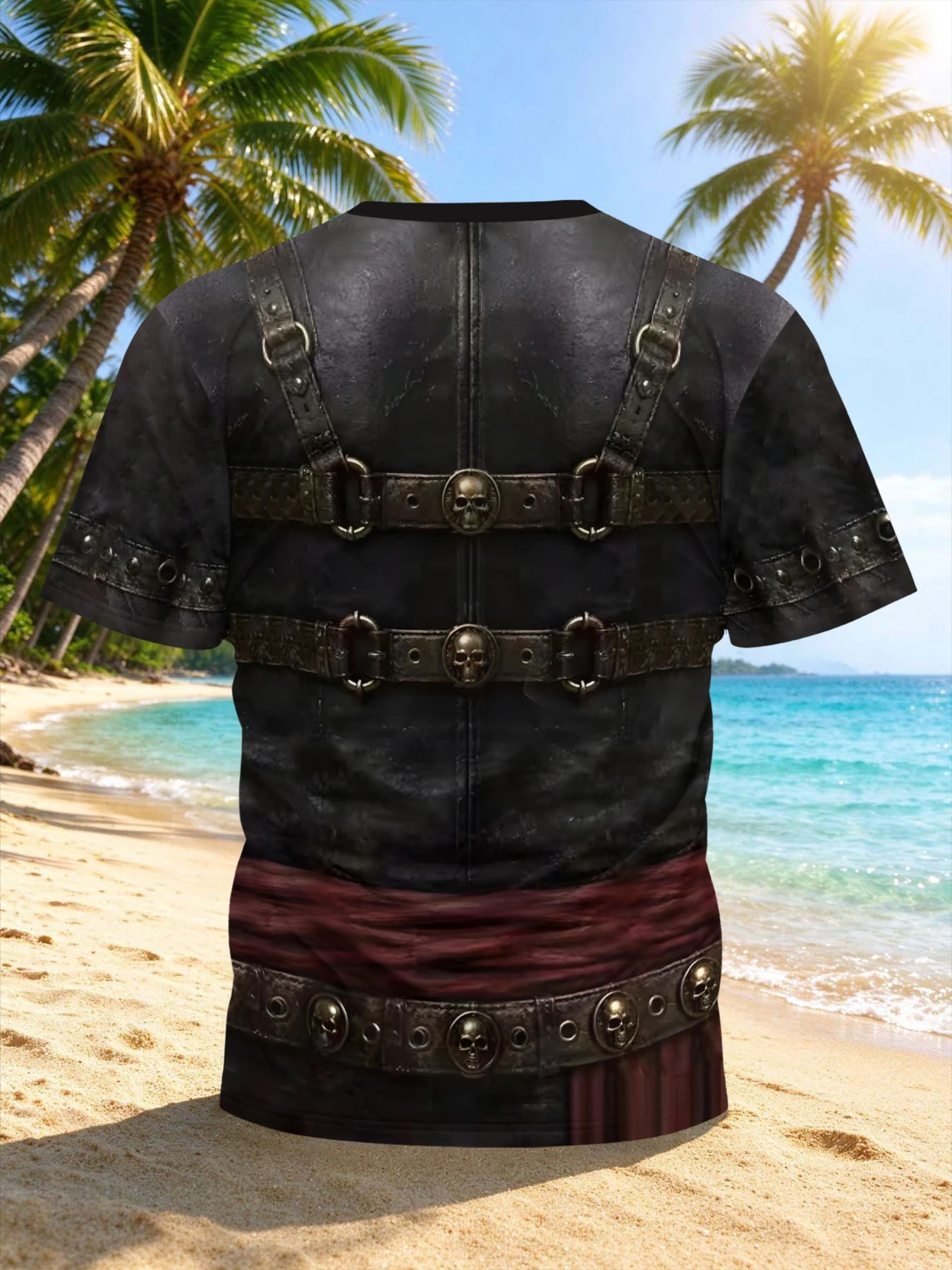 Men's Summer Retro Pirate-Themed 3D Printed Short-Sleeve T-Shirt, Skull Compass Octopus Pattern Round-Neck Top, Casual Loose Breathable Short-Sleeve, Creative Visual Print Men's Clothing for Beach Vacation and Party