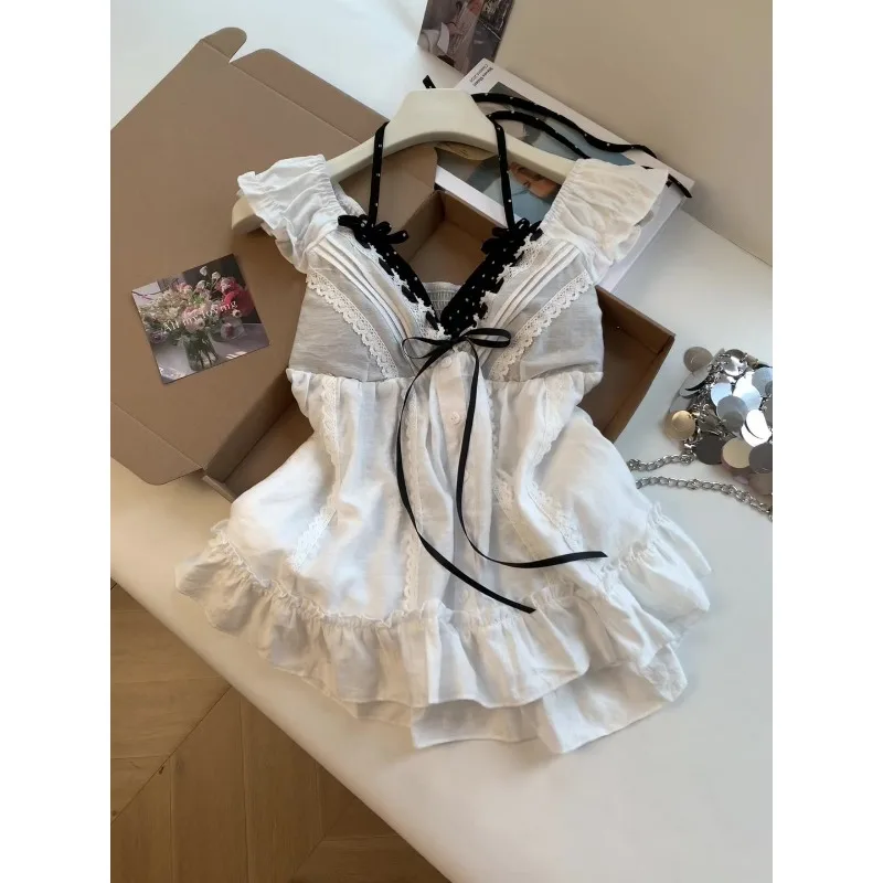 Summer Retro Sweet Lace Splicing V-neck Button Top Women's Sleeveless Sexy Halter Bow Floral Ruffle Vest Holiday Clothing