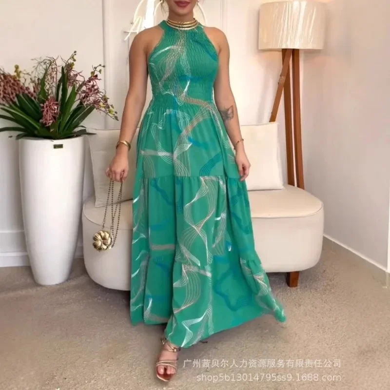Dresses Women Long Dress Halter A Line Vestidos Print Sleeveless Elegant Splice Y2k Streetwear Beach High Waist Party Maxi 2025