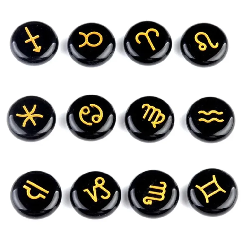 12 Constellations Themed Rune Spiritual Stone Zodiac Sign Reiki Healing Crystals Pocket Stones Obsidian Gemstone Gifts