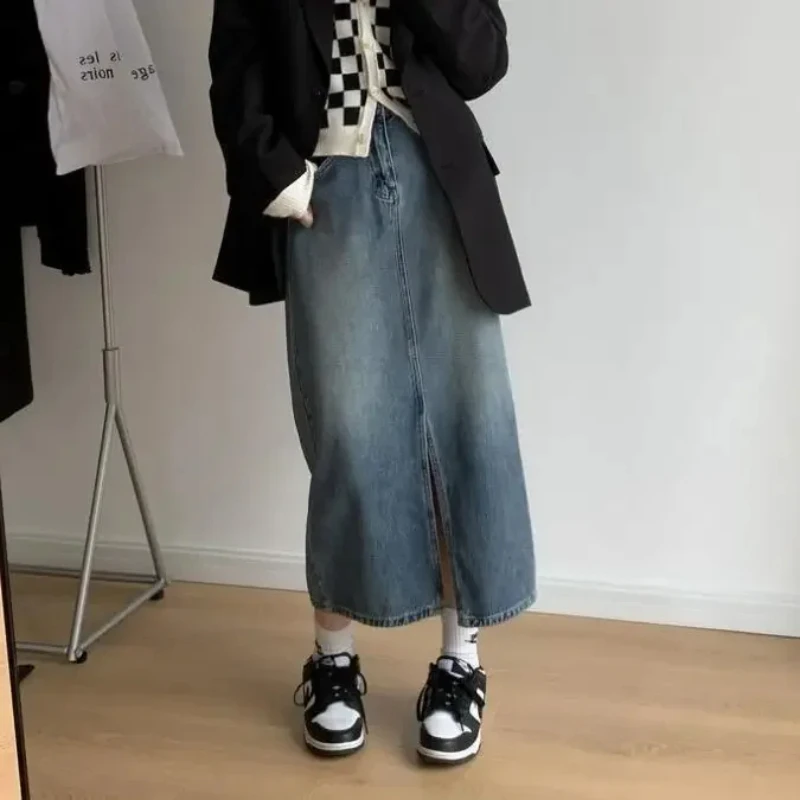 

Summer New High-waist Slit Denim Skirt for Women Washed Retro A- Line Skirt Hip-covering Straight Long Skirts Mini
