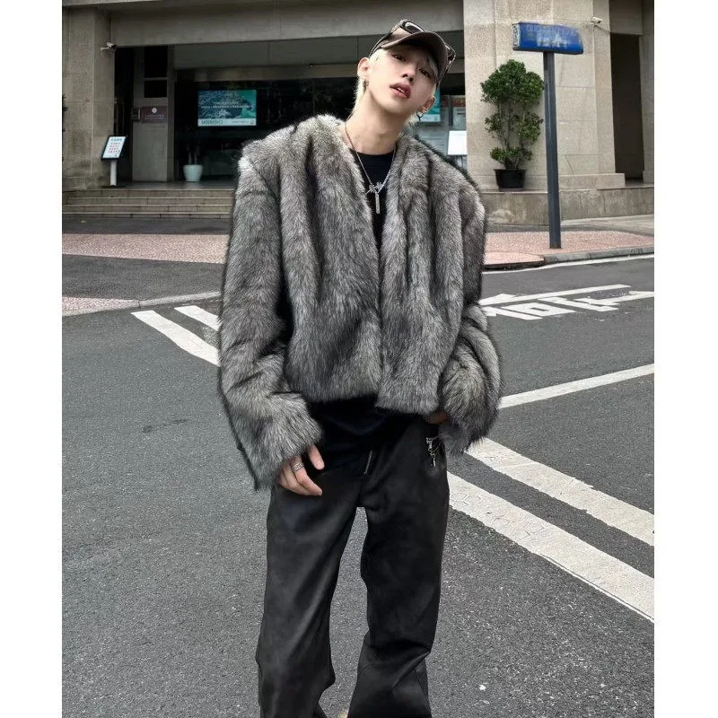 

Faionable ort Men's Jaet Fur Coat Warm Cotton Outerwear Stand Fit Polyester Fiber Modern Sle Urban Faion