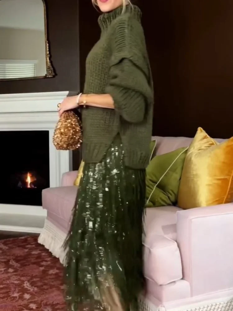 Green Sequin Midi Skirt Women Fashion Shiny Solid High Waist Bodycon Medium Length Skirts Lady 2025 Christmas Evening Party Gown