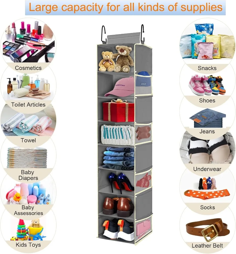 8-Shelf Hanging Shoe Organizer with Side Pockets, Large Storage for Closet, Grey view 6