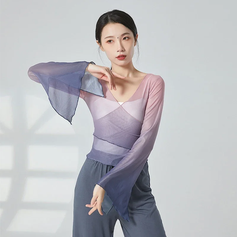Women Classical Dance Tops Gradient Color Lady Hanfu Elegant  Ballet Yoga Shirts Folk Dance Practice Stage Performance Costume