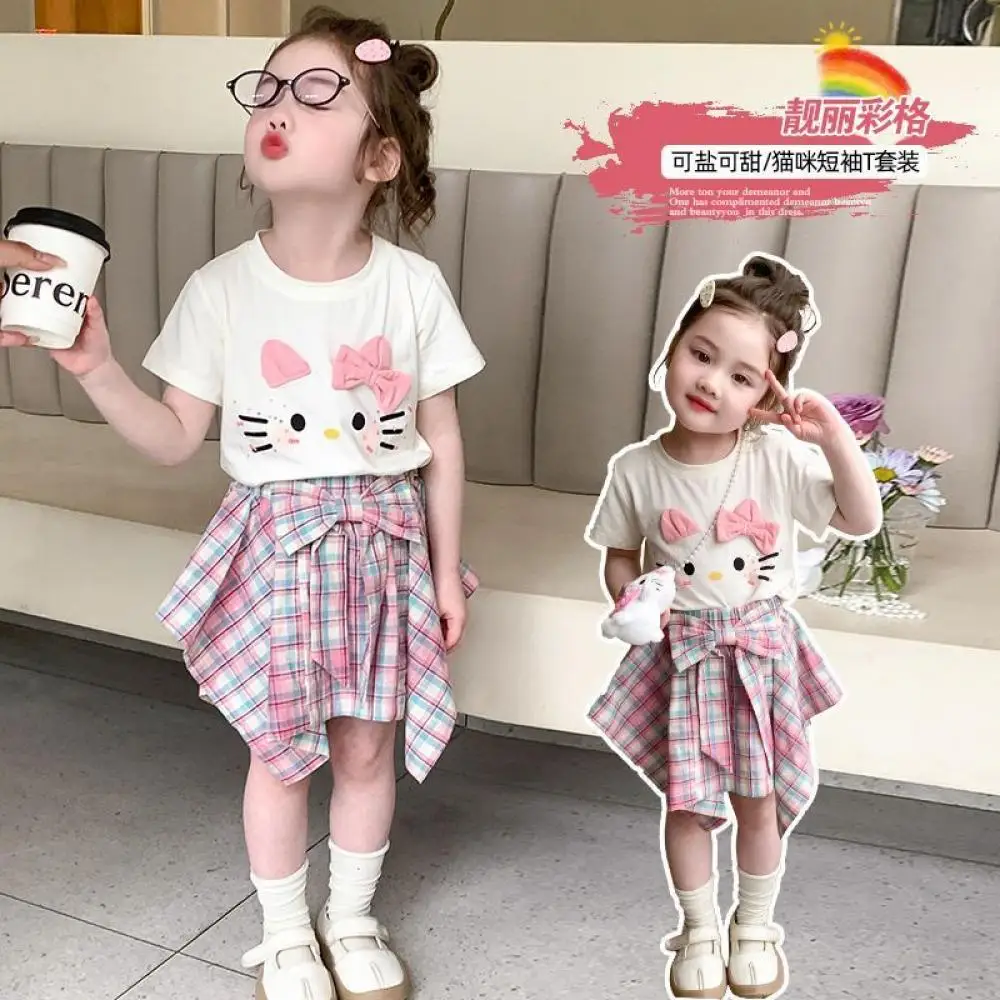 

Sanrio Hello Kitty girls T Shirts+plaid Skirts Set Summer sweet Short sleeve lattice Bow Short skirt Cartoon tops kids gift