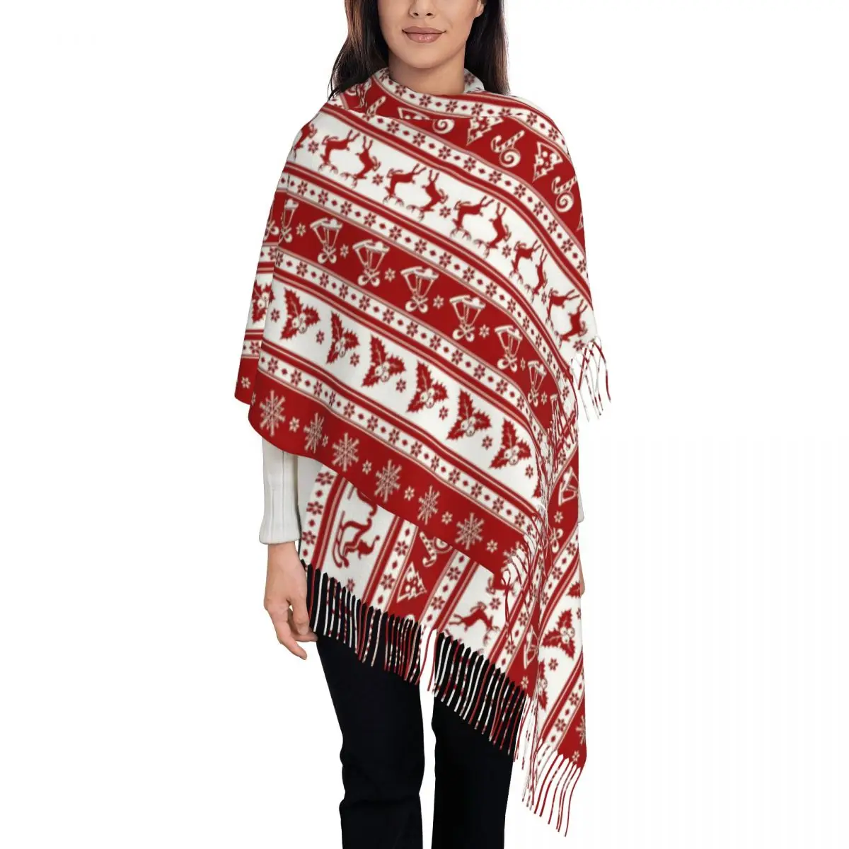Red Christmas Reindeer Snowflake Deer Shawl Wraps Womens Winter Warm Single-sided Pattern Scarf Pashmina Shawl Scarves