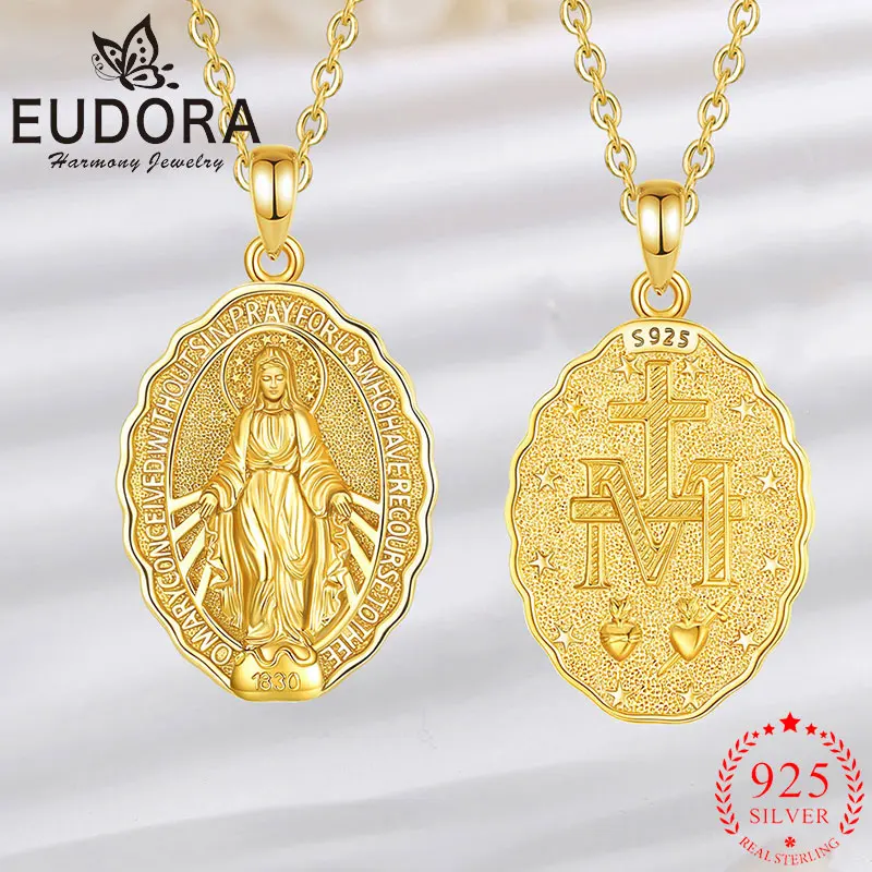

Eudora Virgin Mary Necklace 925 Sterling Silver plated 18K Gold Cross Pendant Christian Jewelry Mother's Day Gift for Women