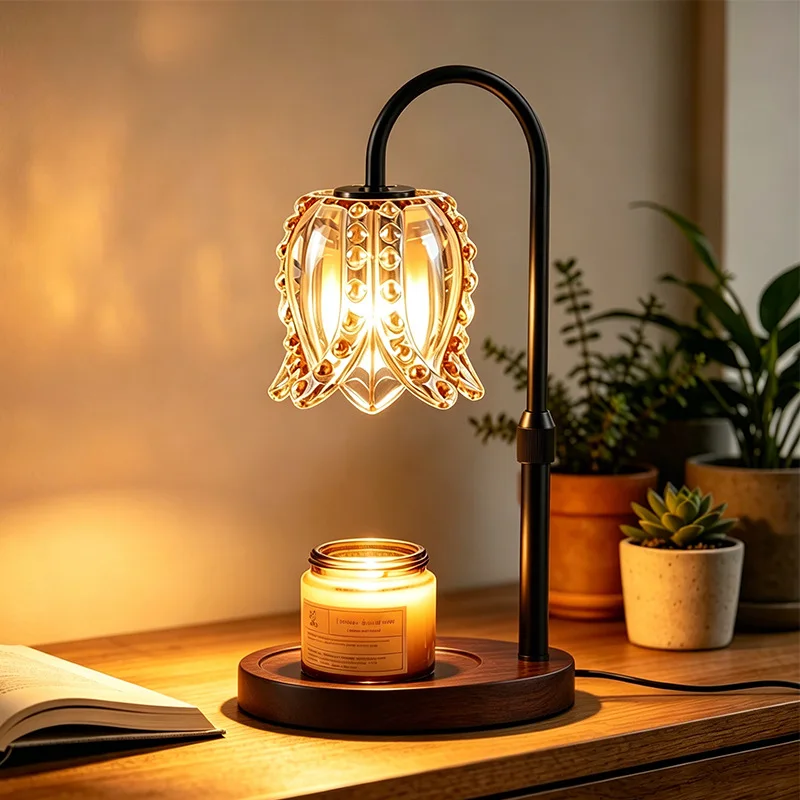 Luxury No Fire Aromatherapy Wax Melt Lamp Lily of the Valley Shape Glass Shade Dimmable Solid Wood Base Fragrance Desk Lamp