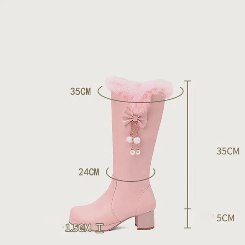 

ORCHA LISA Sweet Women's Knee High Boots Round Toe 5cm Block Heel 1.5cm Platform Zipper Bowknot Big Size 47-48 Warm Plush Winter