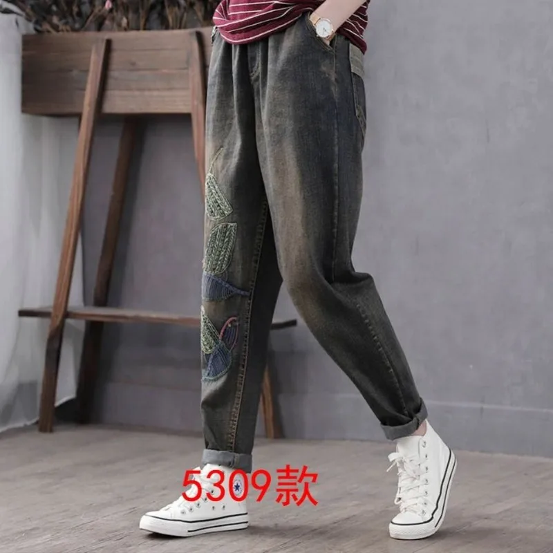 Spring Autumn Fashion Elegant High Waist Pocket Jean Casual Versatile Embroidered Retro Clothing Western Commuter Women Pants