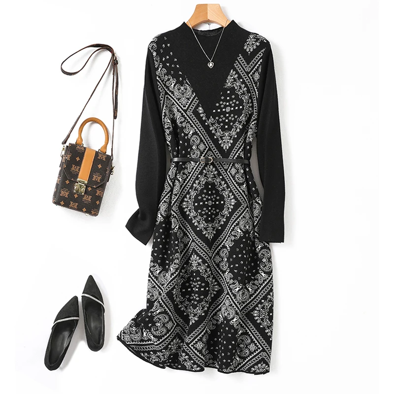 

Vintage Floral Jacquard Mink Cashmere Sweater Dress Women Autumn Winter Loose Elegant Thicken Bottoming Knitted Dresses Female