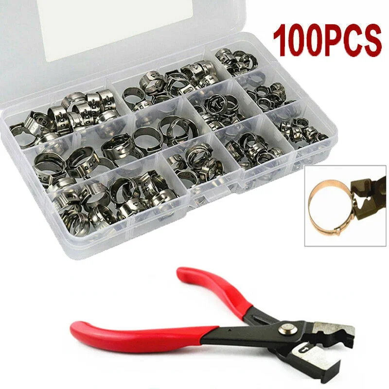 100pcs 5.3-15.3mm Single Ear Stepless Hose Clamps Hose Clips 304 Stainless Steel with Pincers Pliers Kit