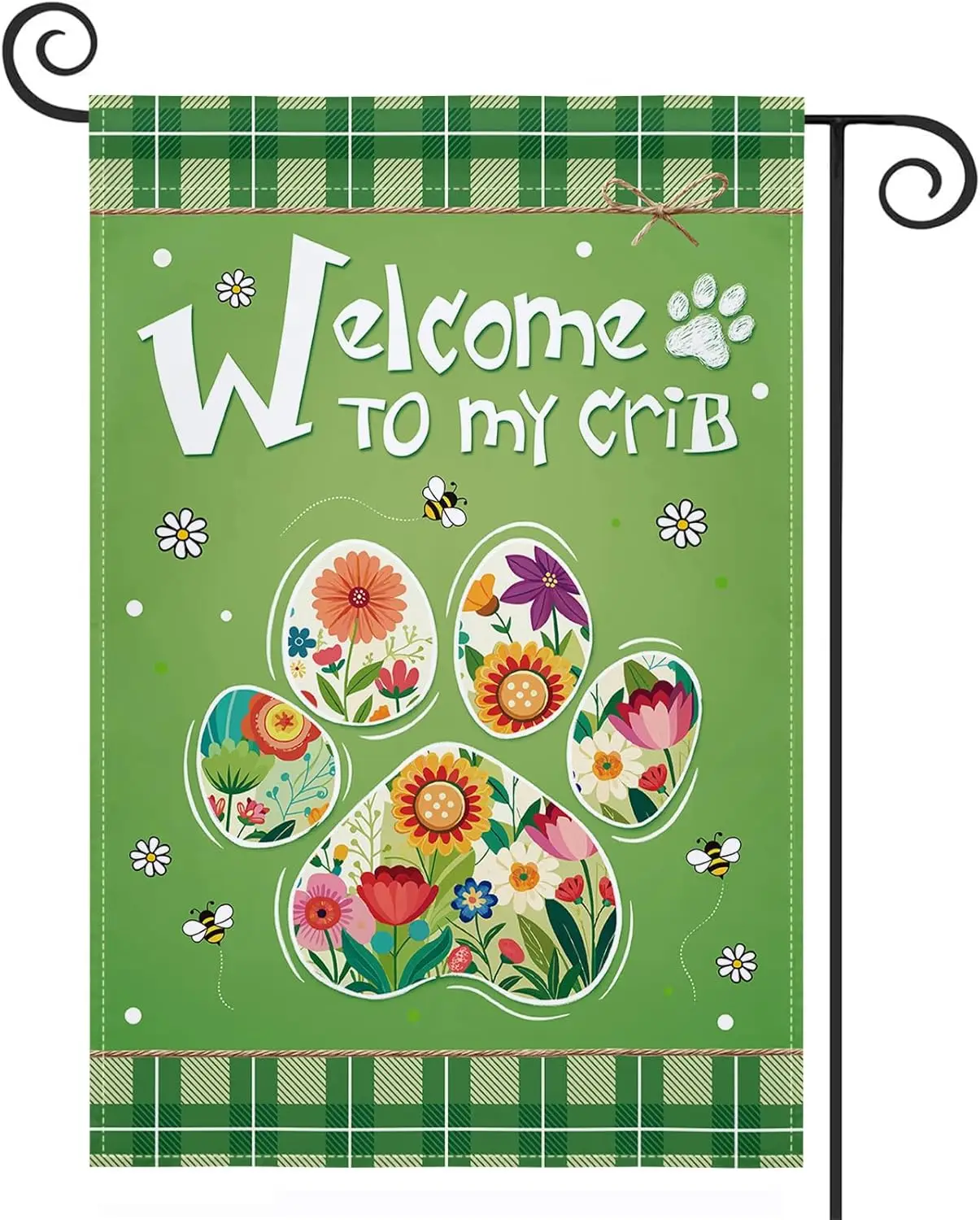Welcome to my crib Flag Dog Paw Spring Summer Garden Flag - 12 × 18 inch Buffalo Grid Welcome Theme Polyester Flag Fresh Sty SSL