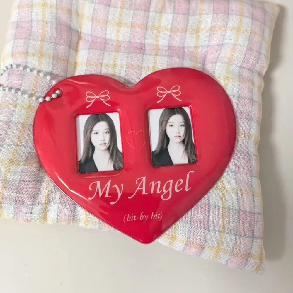 Creative Love Heart Photocard Holder 2 Slots 1 inch Card Holder with Keychain Cute Idol Photo Protective Cover for Girls