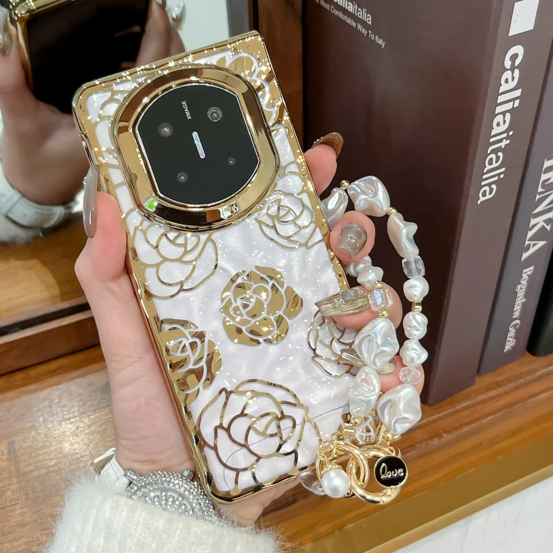 

For HUAWEI Mate X7 Case Gold Rose Plated Pattern Mobile Phone Cover With Chain