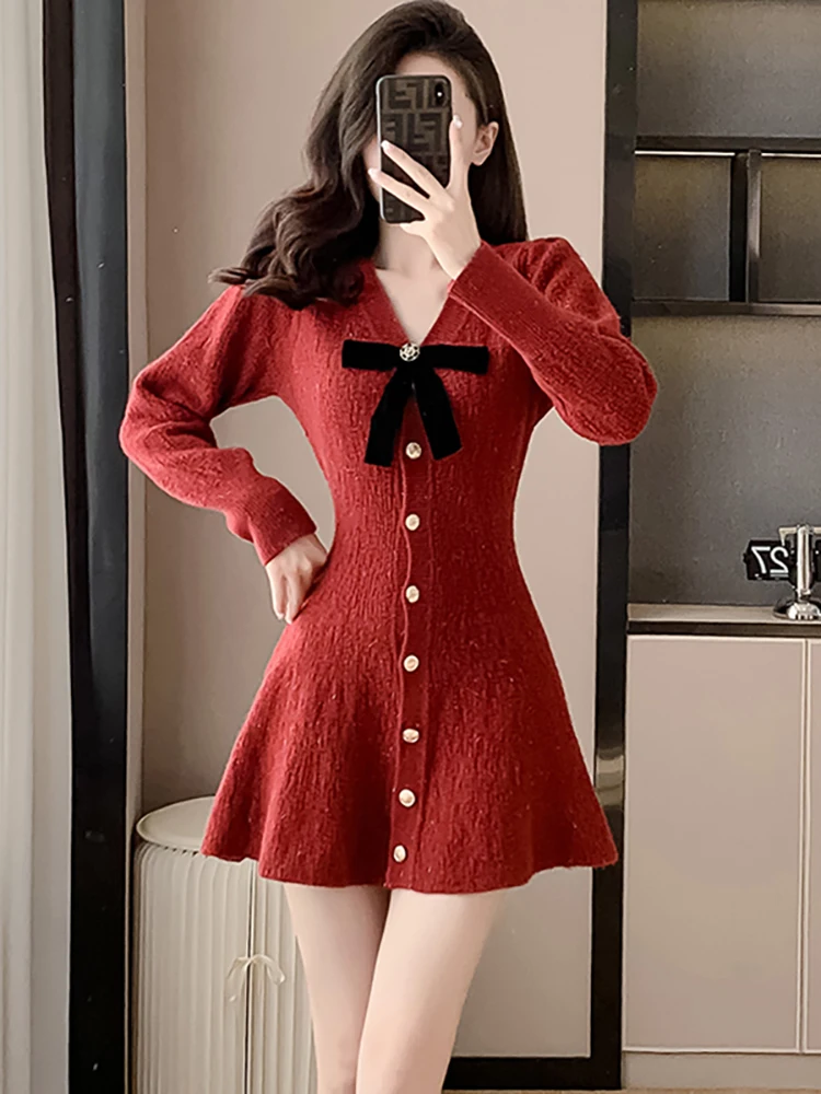 Autumn Winter Red Knitted Bow V-Neck Mini Dress Wommen Elegant Bodycon A-Line Seater Dress 2024 Korean Fashion Chic Party Dress