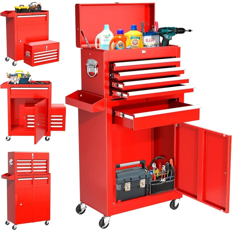 

INTERGREAT Red Tool Chest, 5-Drawer Rolling Chest with Detachable Top Tool Box, Tool Chest with Universal Lockable Wheels